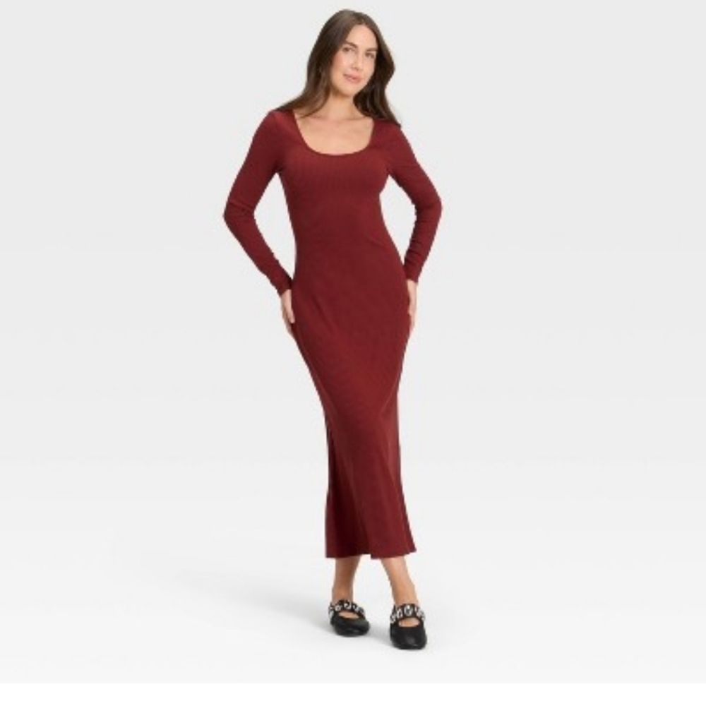 Long Sleeve Rib-Knit Dark Red Maxi Dress (D1-4)